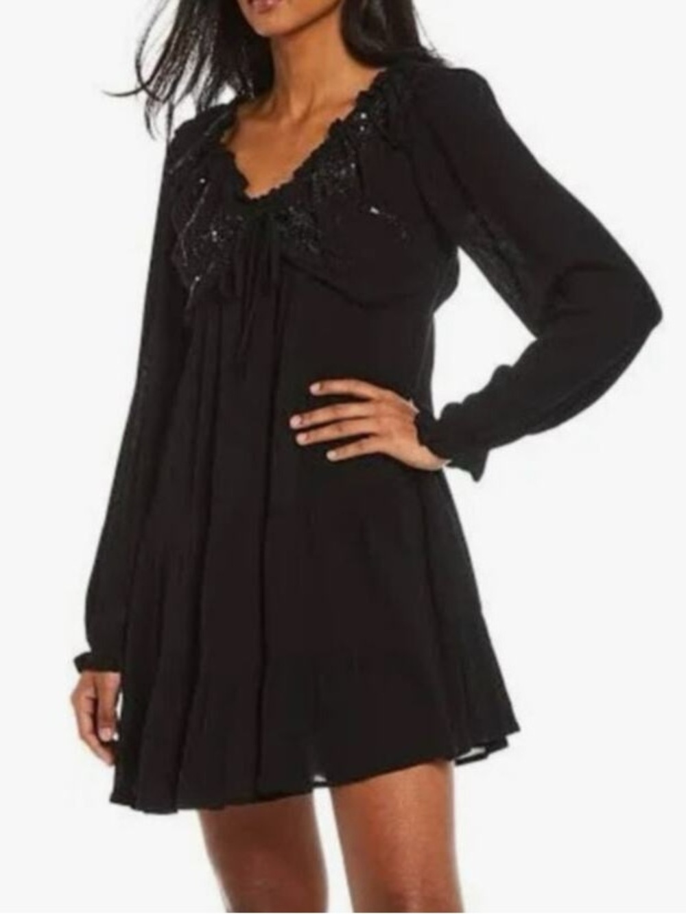 Chelsea & Violet Beaded Black Long-Sleeve Mini Dress